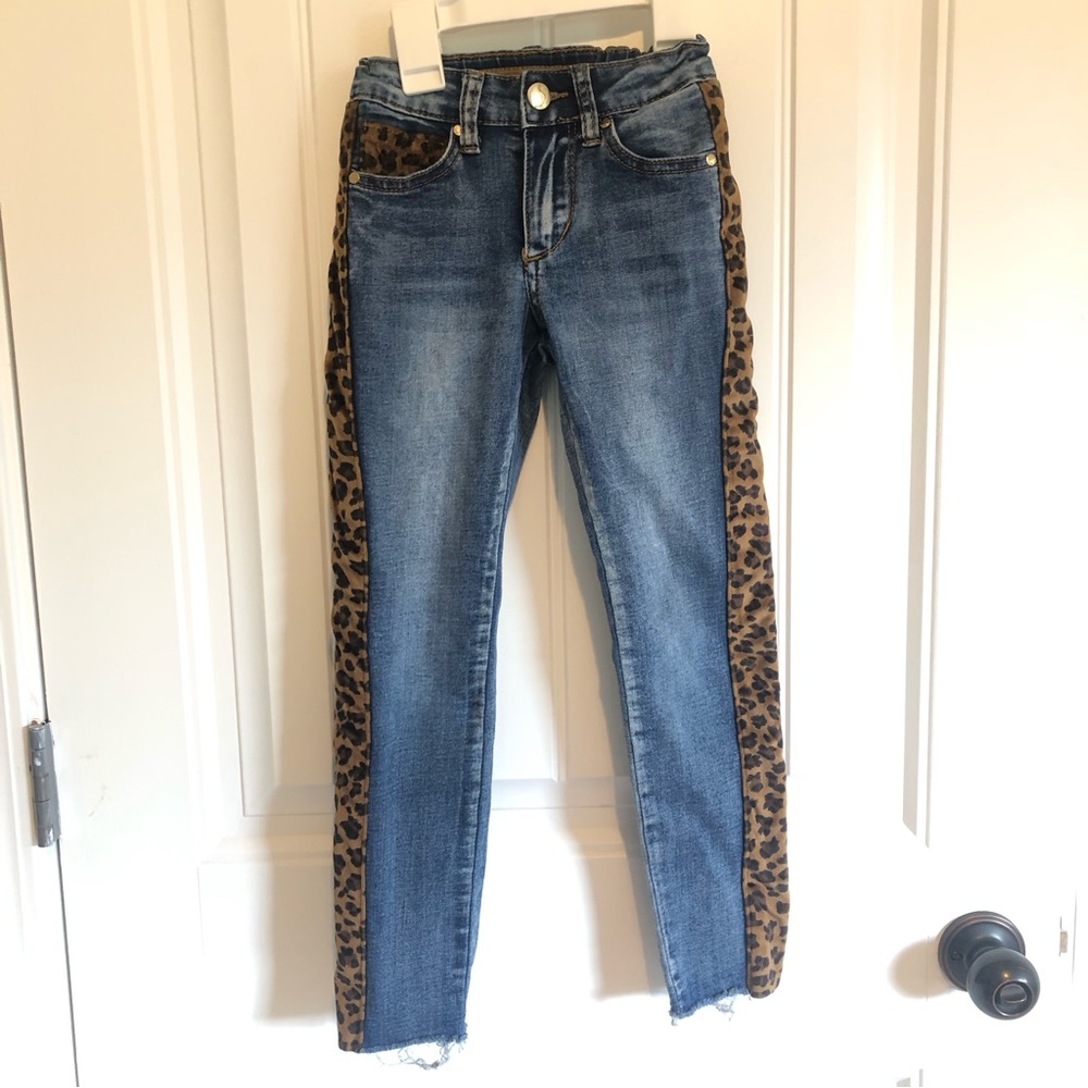 Joes Jeans Girls size 7 jeans w/leopard print felt fabric sides/frayed ends